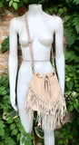 Crossbody / shoulder fringed bag. Beige BOHO suede leather drawstring bag with long FRINGES. Genuine leather hippy bag. Suede fringed purse.