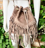 Crossbody / shoulder hippy fringed bag. Light brown BOHO suede leather drawstring bag. Long FRINGES. Light brown genuine suede leather purse