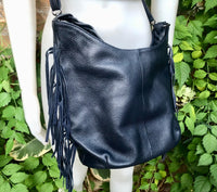 Navy crossbody / shoulder bag. Dark blue boho FRINGED genuine leather bag. Messenger bag with fringes. Navy leather hobo purse with 2 straps