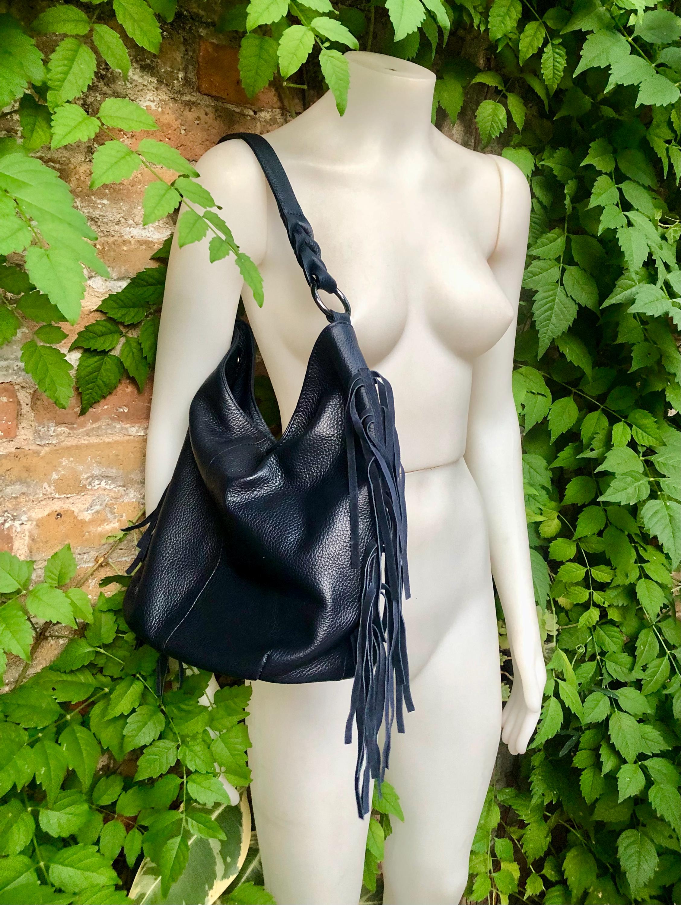 Navy crossbody / shoulder bag. Dark blue boho FRINGED genuine leather bag. Messenger bag with fringes. Navy leather hobo purse with 2 straps