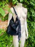 Navy crossbody / shoulder bag. Dark blue boho FRINGED genuine leather bag. Messenger bag with fringes. Navy leather hobo purse with 2 straps