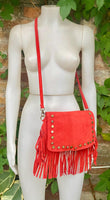 Red crossbody fringed bag with tacks. BOHO suede leather bag with FRINGES. Red genuine suede leather. Red suede purse