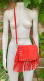 Red crossbody fringed bag with tacks. BOHO suede leather bag with FRINGES. Red genuine suede leather. Red suede purse
