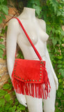 Red crossbody fringed bag with tacks. BOHO suede leather bag with FRINGES. Red genuine suede leather. Red suede purse
