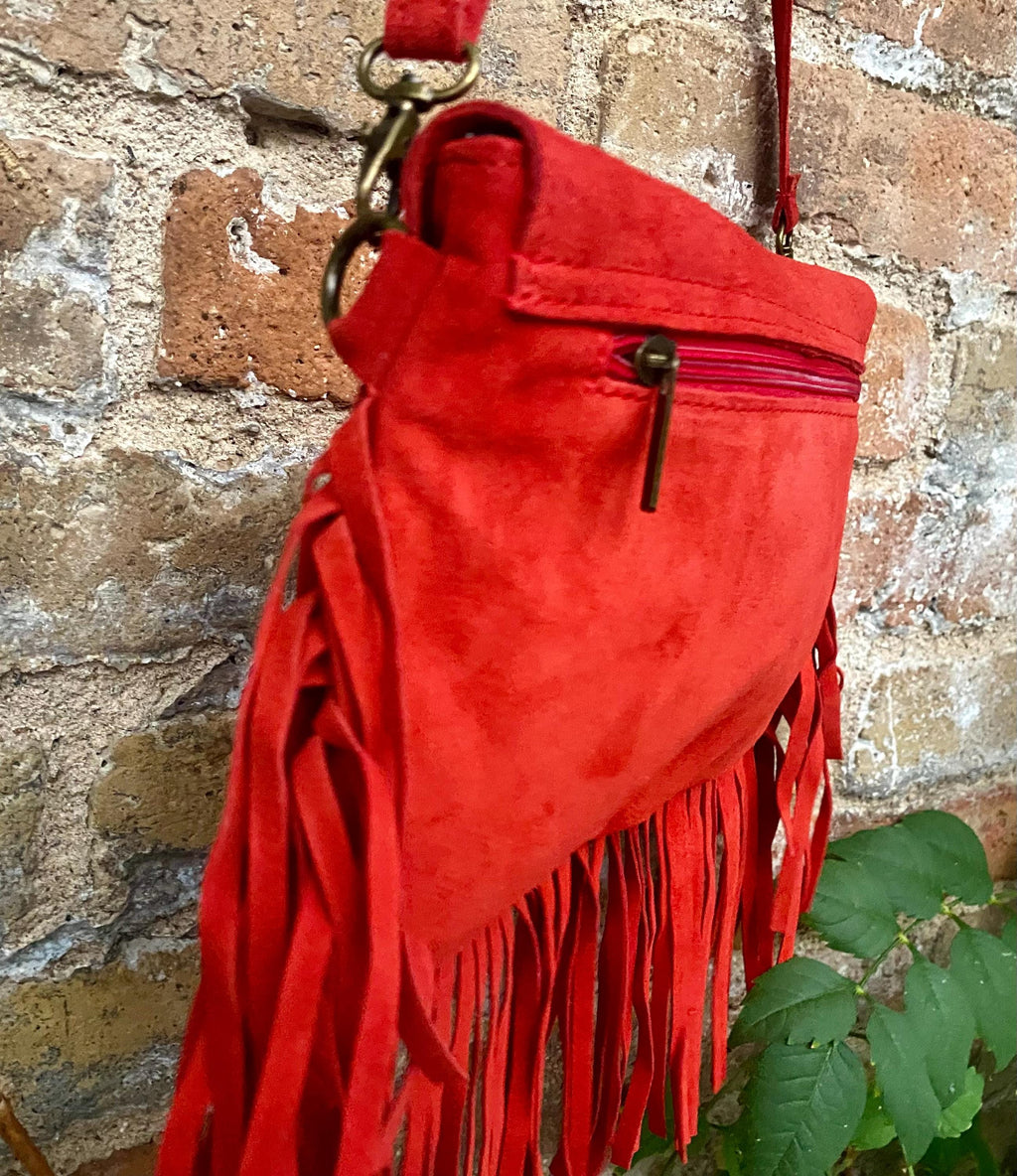 Red crossbody fringed bag with tacks. BOHO suede leather bag with FRINGES. Red genuine suede leather. Red suede purse