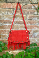 Red crossbody fringed bag with tacks. BOHO suede leather bag with FRINGES. Red genuine suede leather. Red suede purse