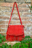 Red crossbody fringed bag with tacks. BOHO suede leather bag with FRINGES. Red genuine suede leather. Red suede purse