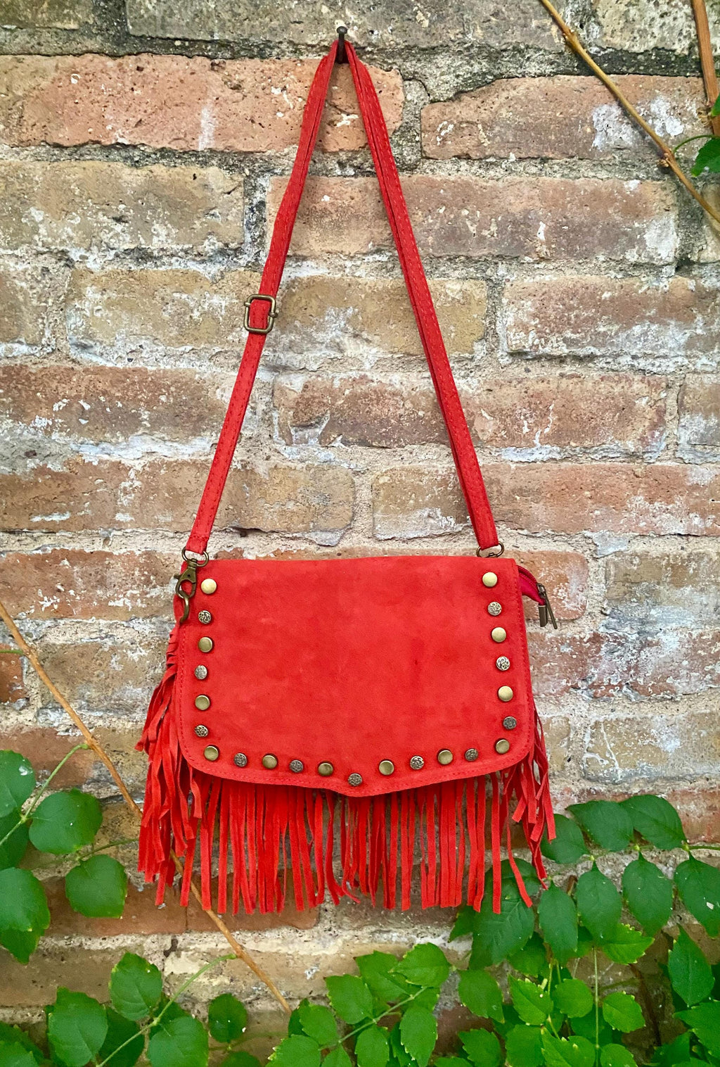 Red crossbody fringed bag with tacks. BOHO suede leather bag with FRINGES. Red genuine suede leather. Red suede purse