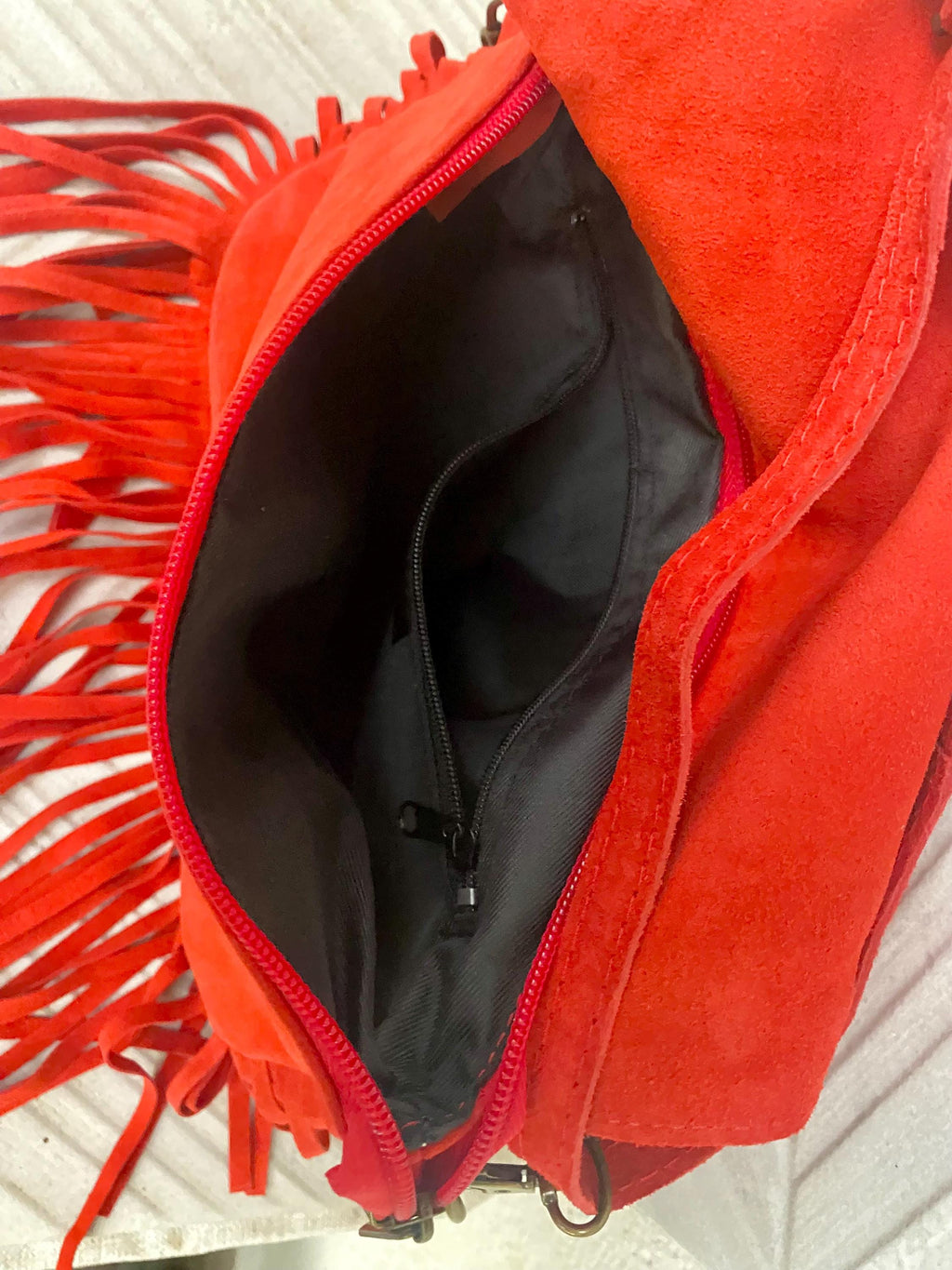 Red crossbody fringed bag with tacks. BOHO suede leather bag with FRINGES. Red genuine suede leather. Red suede purse