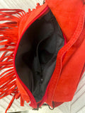 Red crossbody fringed bag with tacks. BOHO suede leather bag with FRINGES. Red genuine suede leather. Red suede purse