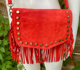 Red crossbody fringed bag with tacks. BOHO suede leather bag with FRINGES. Red genuine suede leather. Red suede purse