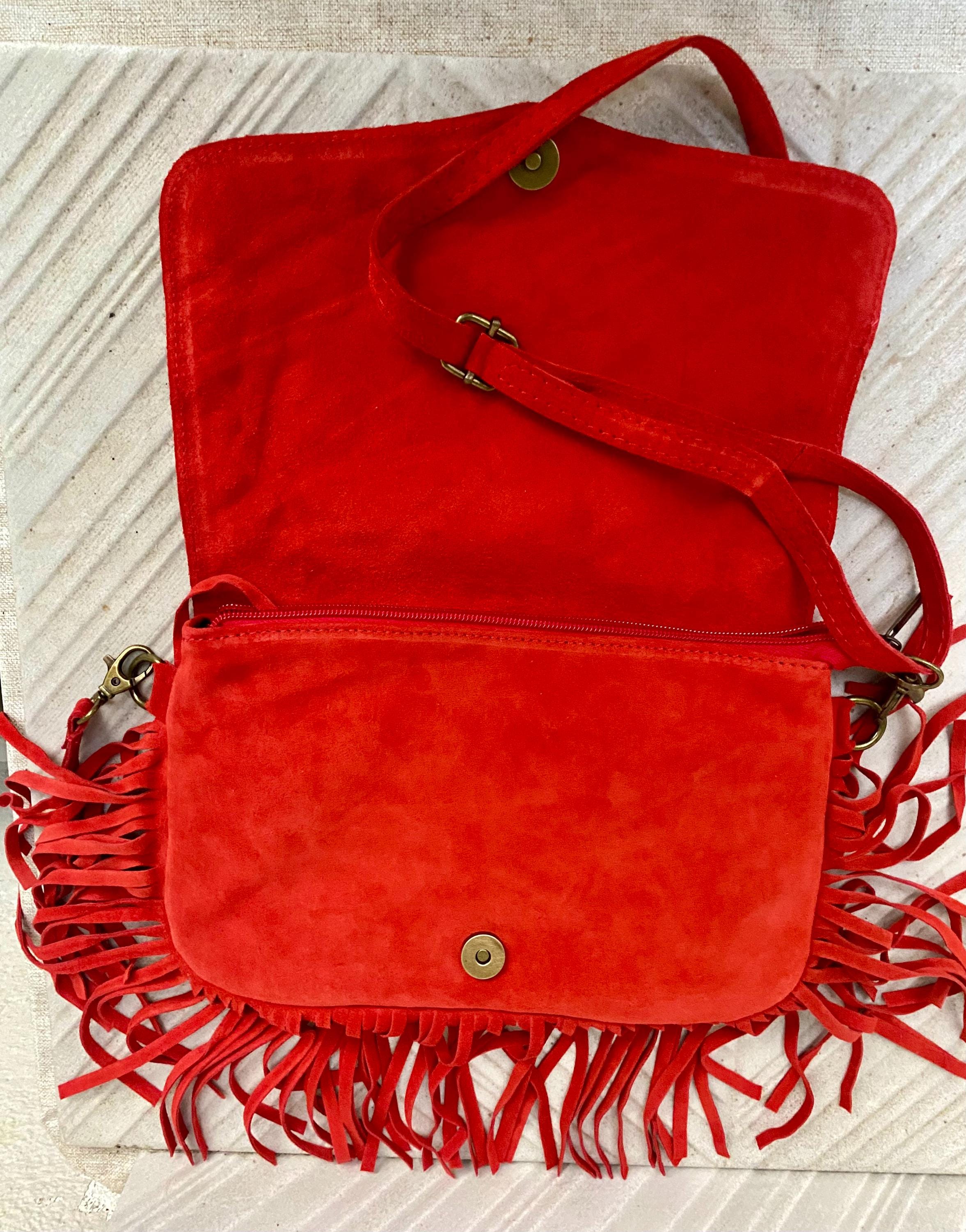 Red crossbody fringed bag with tacks. BOHO suede leather bag with FRINGES. Red genuine suede leather. Red suede purse