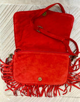 Red crossbody fringed bag with tacks. BOHO suede leather bag with FRINGES. Red genuine suede leather. Red suede purse