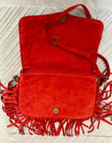 Red crossbody fringed bag with tacks. BOHO suede leather bag with FRINGES. Red genuine suede leather. Red suede purse