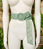 Sage green leather waist belt with large round buckle. Mint green boho soft genuine leather belt.Light green wide waist belt.Braided leather