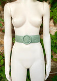 Sage green leather waist belt with large round buckle. Mint green boho genuine leather belt.Light green wide braided belt. Green dress belt