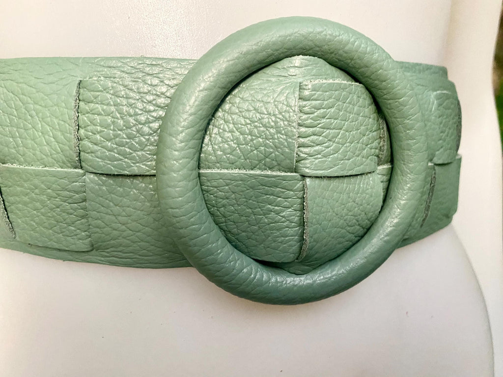 Sage green leather waist belt with large round buckle. Mint green boho genuine leather belt.Light green wide braided belt. Green dress belt