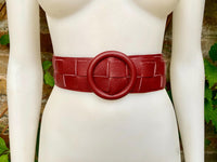 Burgundy leather waist belt with large round buckle. Dark red boho soft genuine leather belt. Wine red wide waist belt.Braided leather