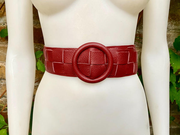 Burgundy leather waist belt with large round buckle. Dark red boho soft genuine leather belt. Wine red wide waist belt.Braided leather