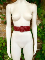 Burgundy leather waist belt with large round buckle. Dark red boho soft genuine leather belt. Wine red wide waist belt.Braided leather