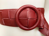 Burgundy leather waist belt with large round buckle. Dark red boho soft genuine leather belt. Wine red wide waist belt.Braided leather