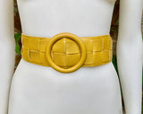 Mustard yellow leather waist belt with large round buckle. Boho soft genuine leather dress belt in yellow. Wide waist belt