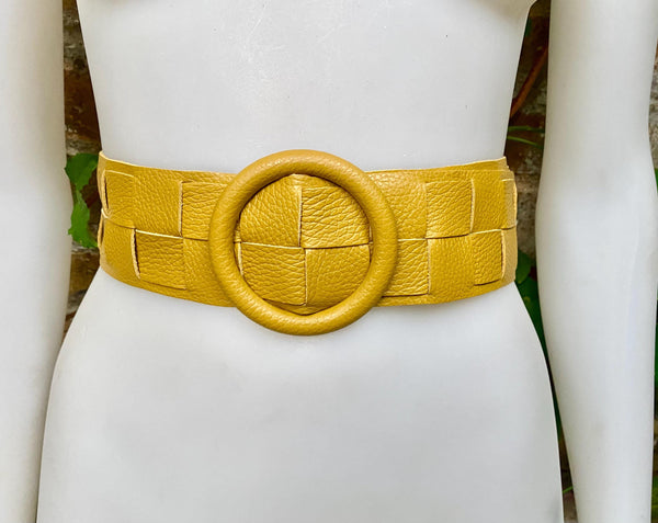 Mustard yellow leather waist belt with large round buckle. Boho soft genuine leather dress belt in yellow. Wide waist belt