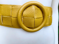 Mustard yellow leather waist belt with large round buckle. Boho soft genuine leather dress belt in yellow. Wide waist belt