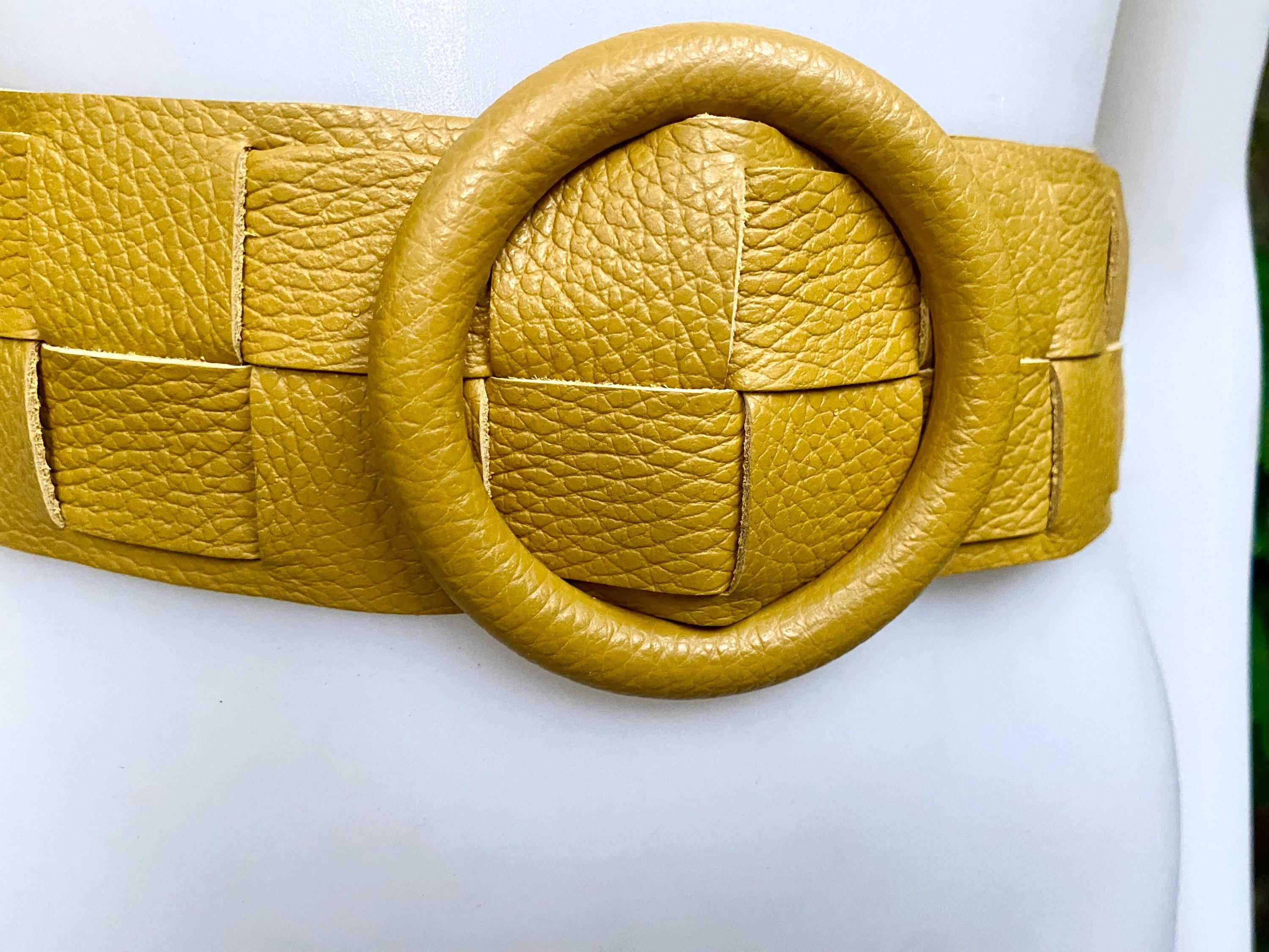 Mustard yellow leather waist belt with large round buckle. Boho soft genuine leather dress belt in yellow. Wide waist belt
