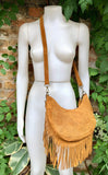 Camel brown crossbody / shoulder bag.Saddle brown boho leather bag with FRINGES.Genuine leather messenger.2 straps.Brown fringed suede purse