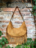 Camel brown crossbody / shoulder bag.Saddle brown boho leather bag with FRINGES.Genuine leather messenger.2 straps.Brown fringed suede purse