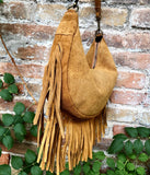 Camel brown crossbody / shoulder bag.Saddle brown boho leather bag with FRINGES.Genuine leather messenger.2 straps.Brown fringed suede purse