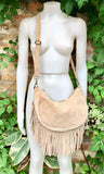 Beige crossbody / shoulder bag. Dark cream boho leather bag with FRINGES. Genuine leather messenger.2 straps. Beige fringed suede purse