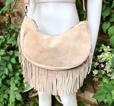 Beige crossbody / shoulder bag. Dark cream boho leather bag with FRINGES. Genuine leather messenger.2 straps. Beige fringed suede purse