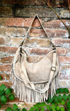 Beige crossbody / shoulder bag. Dark cream boho leather bag with FRINGES. Genuine leather messenger.2 straps. Beige fringed suede purse