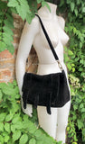 BOHO suede messenger leather bag in BLACK. Crossbody bag in BLACK suede. Soft genuine leather bag. Zipper + flap. Black boho suede purse