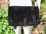 BOHO suede messenger leather bag in BLACK. Crossbody bag in BLACK suede. Soft genuine leather bag. Zipper + flap. Black boho suede purse
