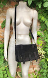 BOHO suede messenger leather bag in BLACK. Crossbody bag in BLACK suede. Soft genuine leather bag. Zipper + flap. Black boho suede purse