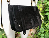 BOHO suede messenger leather bag in BLACK. Crossbody bag in BLACK suede. Soft genuine leather bag. Zipper + flap. Black boho suede purse