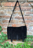 BOHO suede messenger leather bag in BLACK. Crossbody bag in BLACK suede. Soft genuine leather bag. Zipper + flap. Black boho suede purse