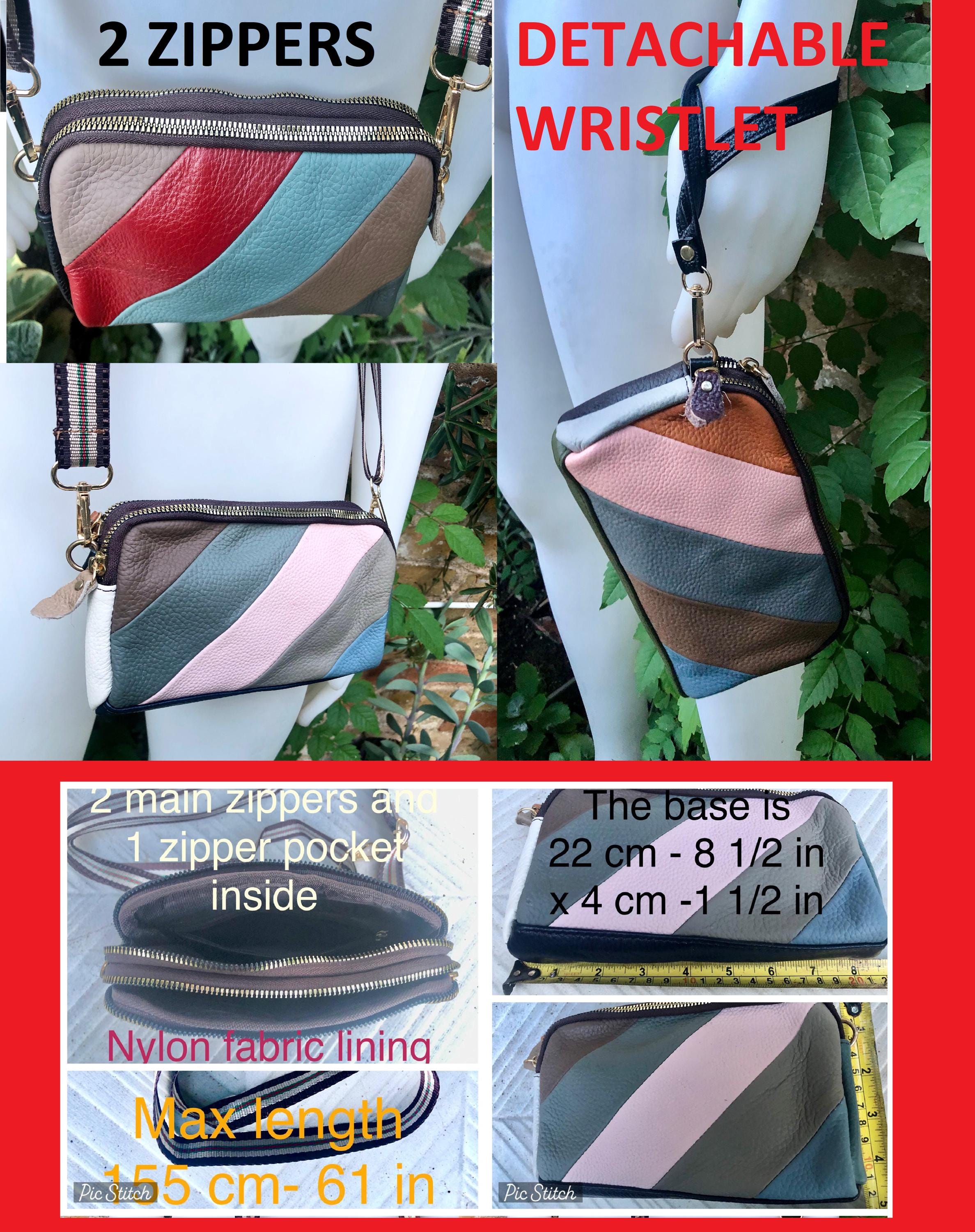 Small genuine leather bag. 2 sided cross body /shoulder bag./ wristet. 70s boho purse. Red, blue, brown with narrow guitar strap