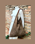 Slouch leather bag in Light brown suede . Large shoulder bag in genuine leather. Taupe origami bag with brown leather accent. Large shopper