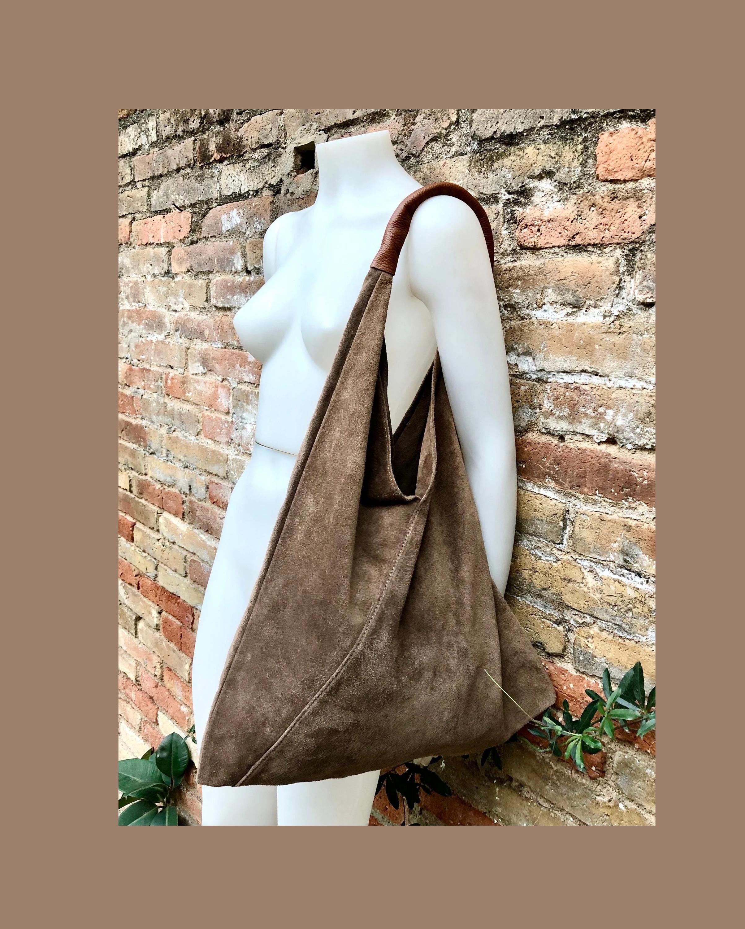 Slouch leather bag in Light brown suede . Large shoulder bag in genuine leather. Taupe origami bag with brown leather accent. Large shopper