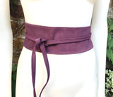 Purple wide OBI belt in genuine soft suede. Waist belt in purple. Dark mauve boho belt. Wide dress wraparound purple belt. Longer option.