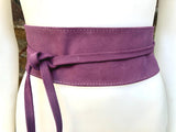 Purple wide OBI belt in genuine soft suede. Waist belt in purple. Dark mauve boho belt. Wide dress wraparound purple belt. Longer option.