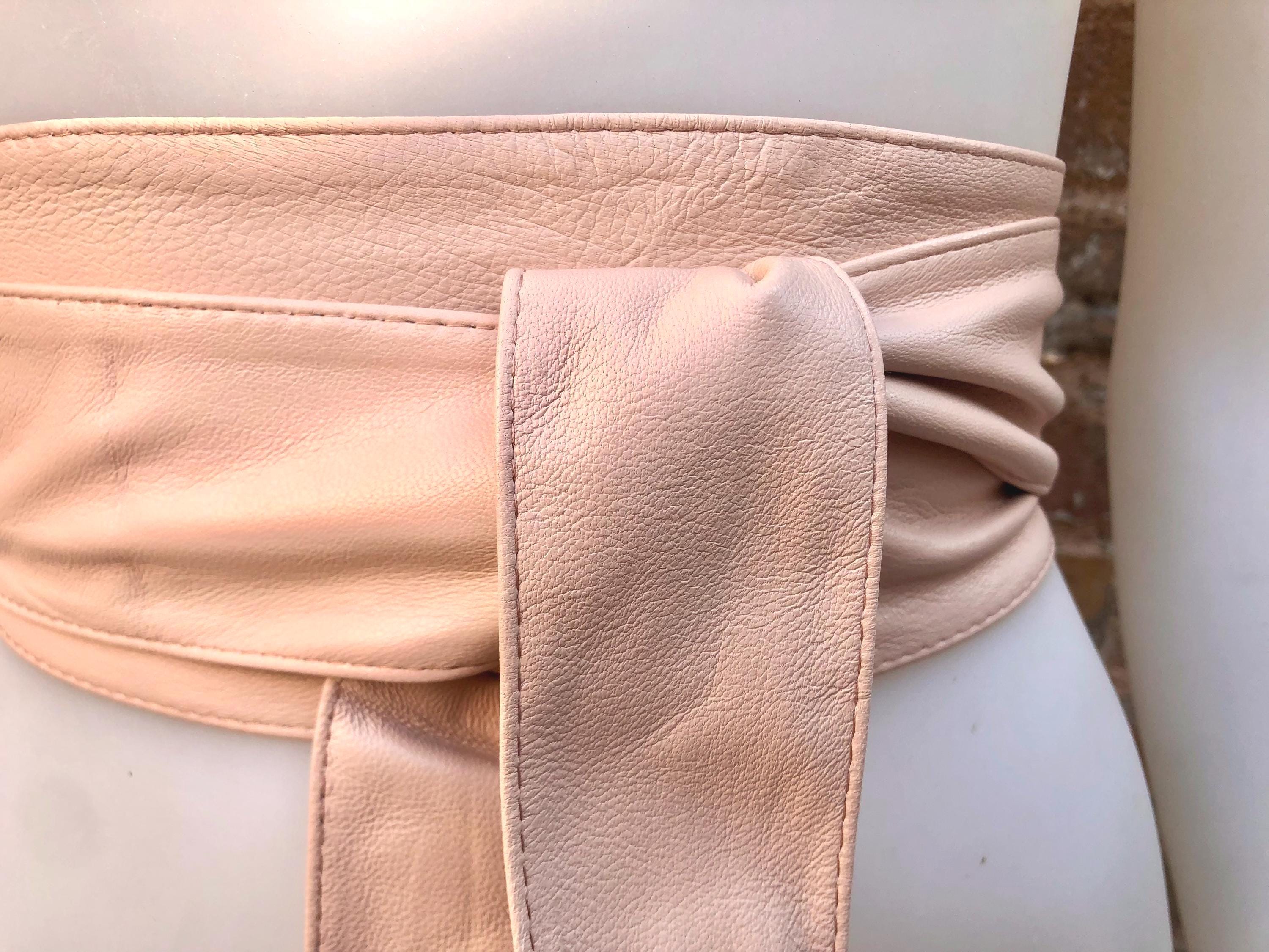 Light PINK obi belt. Soft genuine soft leather wrap belt. Wraparound waist belt. Wide style. Soft pink dress belt in metallic leather.
