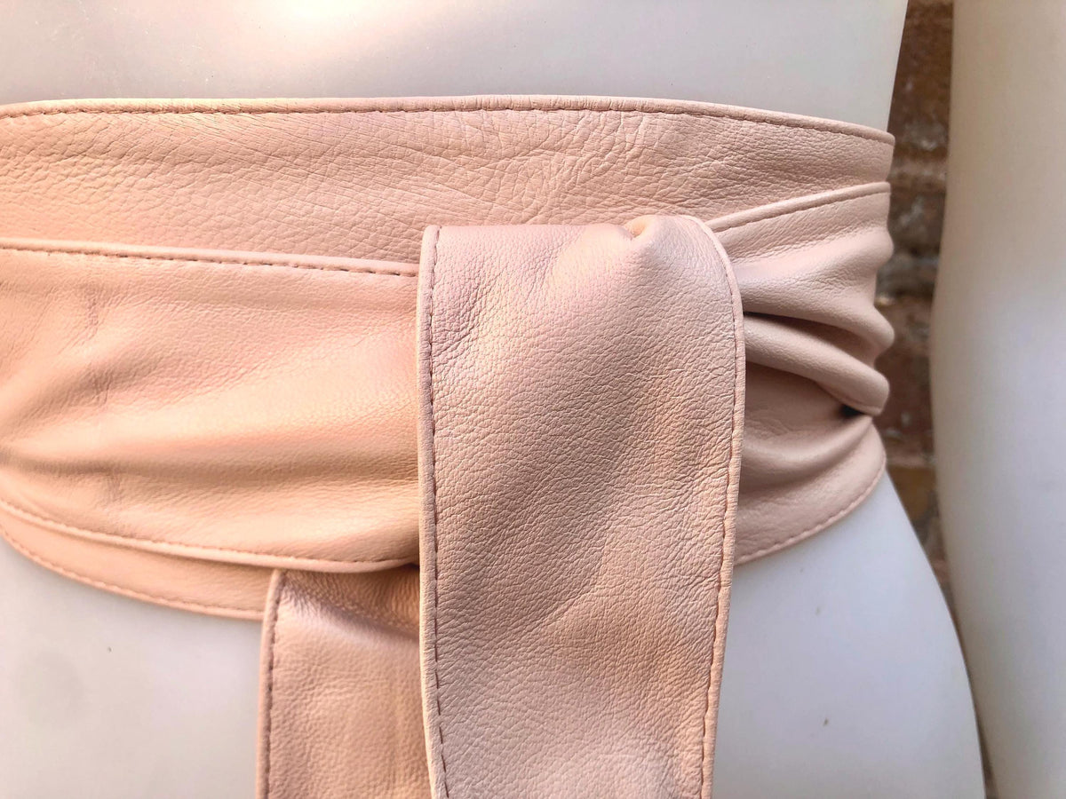 Light PINK obi belt. Soft genuine soft leather wrap belt. Wraparound waist belt. Wide style. Soft pink dress belt in metallic leather.