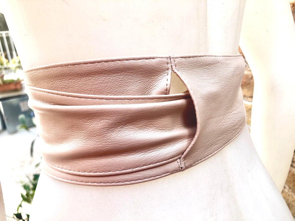 Light PINK obi belt. Soft genuine soft leather wrap belt. Wraparound waist belt. Wide style. Soft pink dress belt in metallic leather.