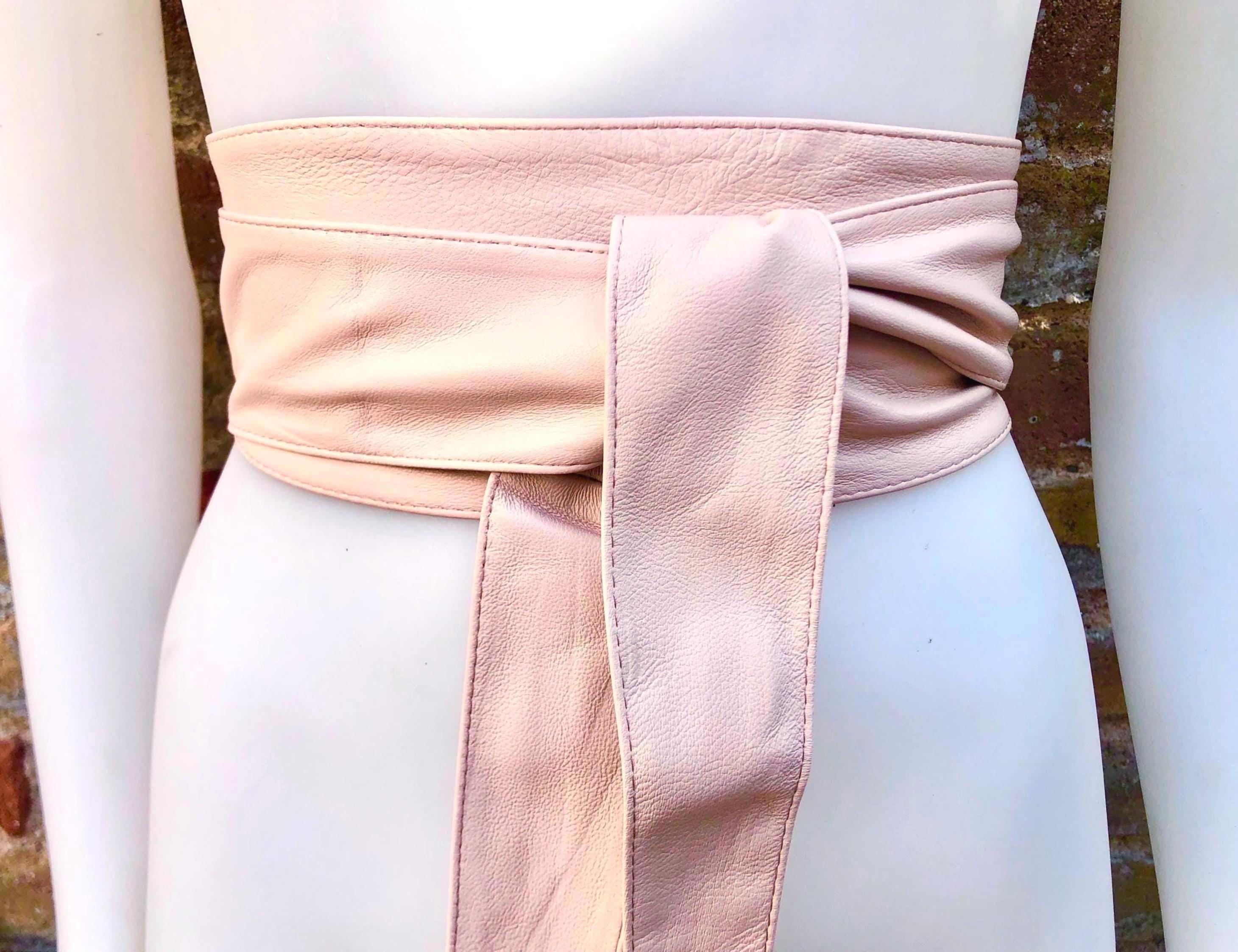 Light PINK obi belt. Soft genuine soft leather wrap belt. Wraparound waist belt. Wide style. Soft pink dress belt in metallic leather.