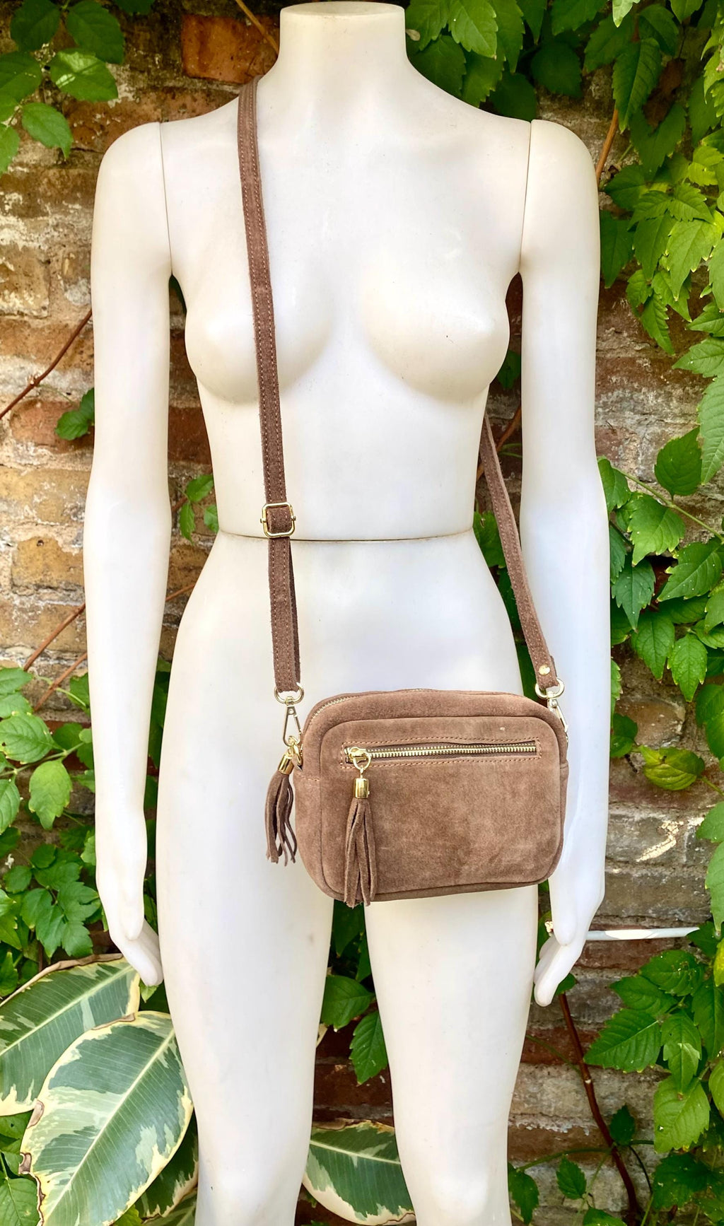 Light brown small suede leather bag. Tan GENUINE leather shoulder / cross body bag. Taupe brown suede purse, adjustable strap + zippers.